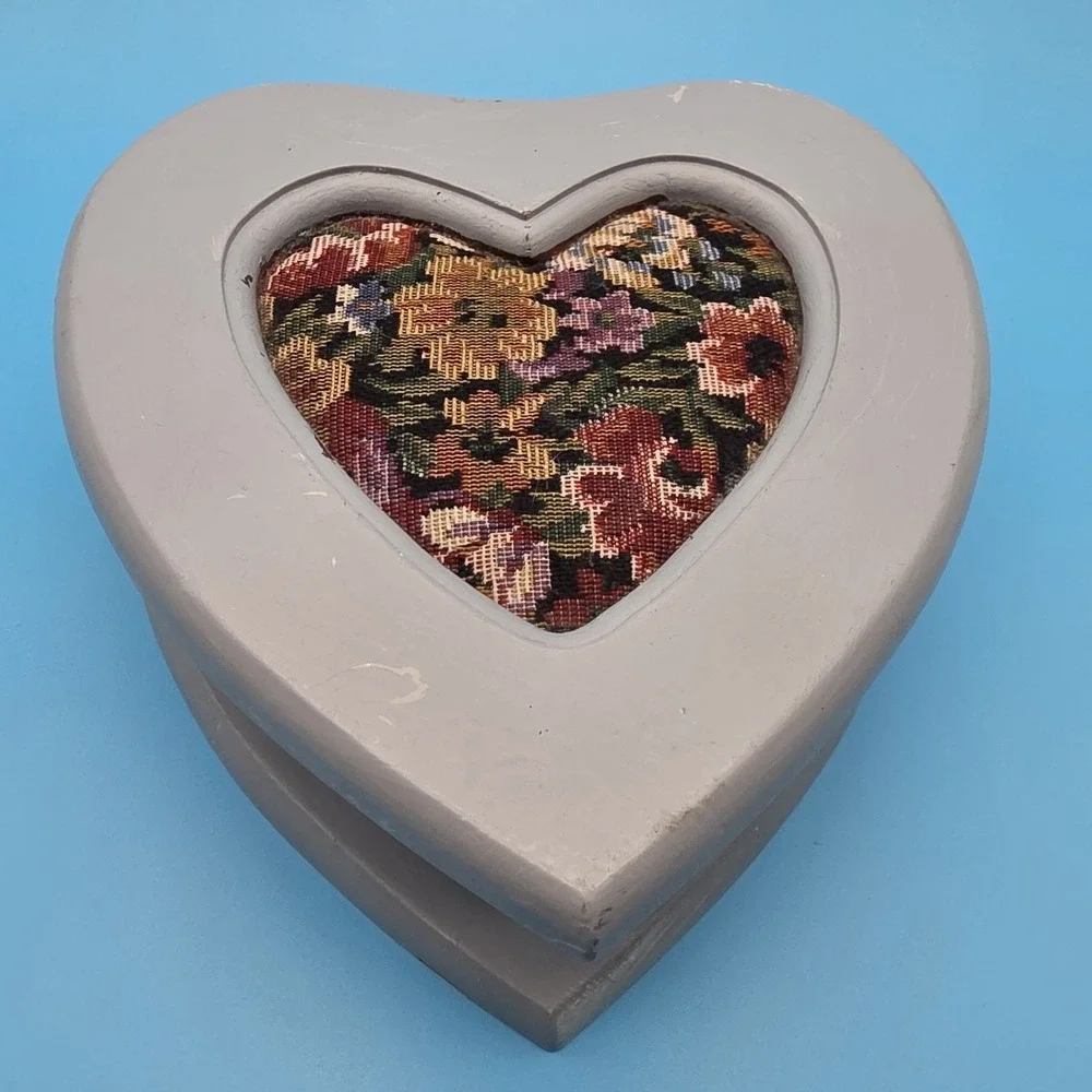 Heart Shaped Jewelry Box W/tapestry Accent Country Blue